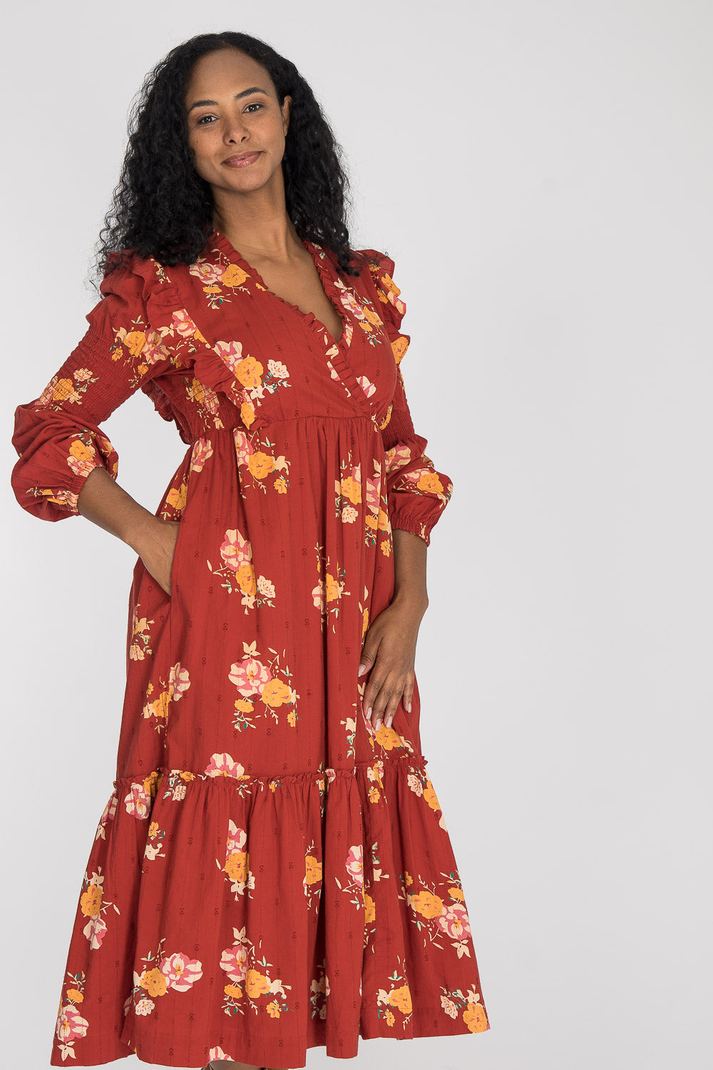 Flounce dobby midi dress - Red Flower