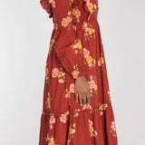 Flounce dobby midi dress - Red Flower
