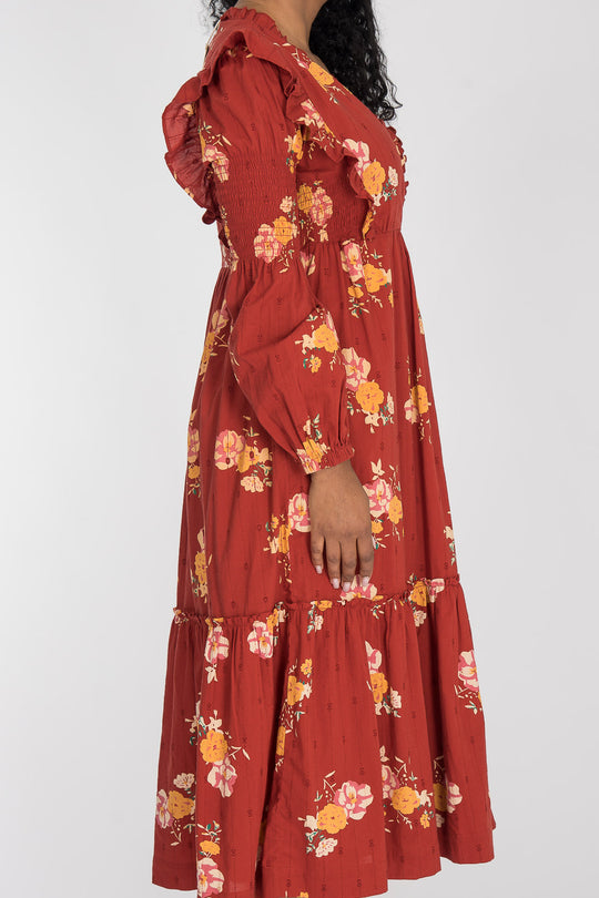 Flounce dobby midi dress - Red Flower