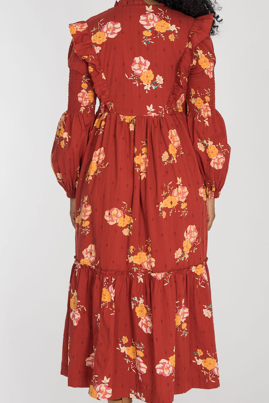 Flounce dobby midi dress - Red Flower