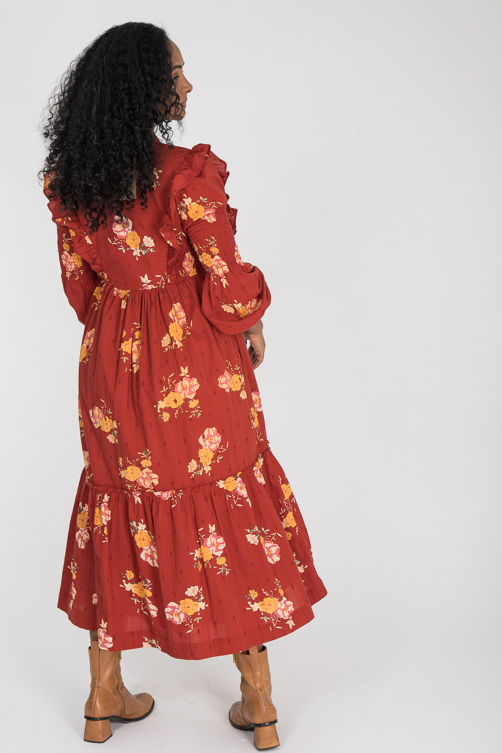 Flounce dobby midi dress - Red Flower