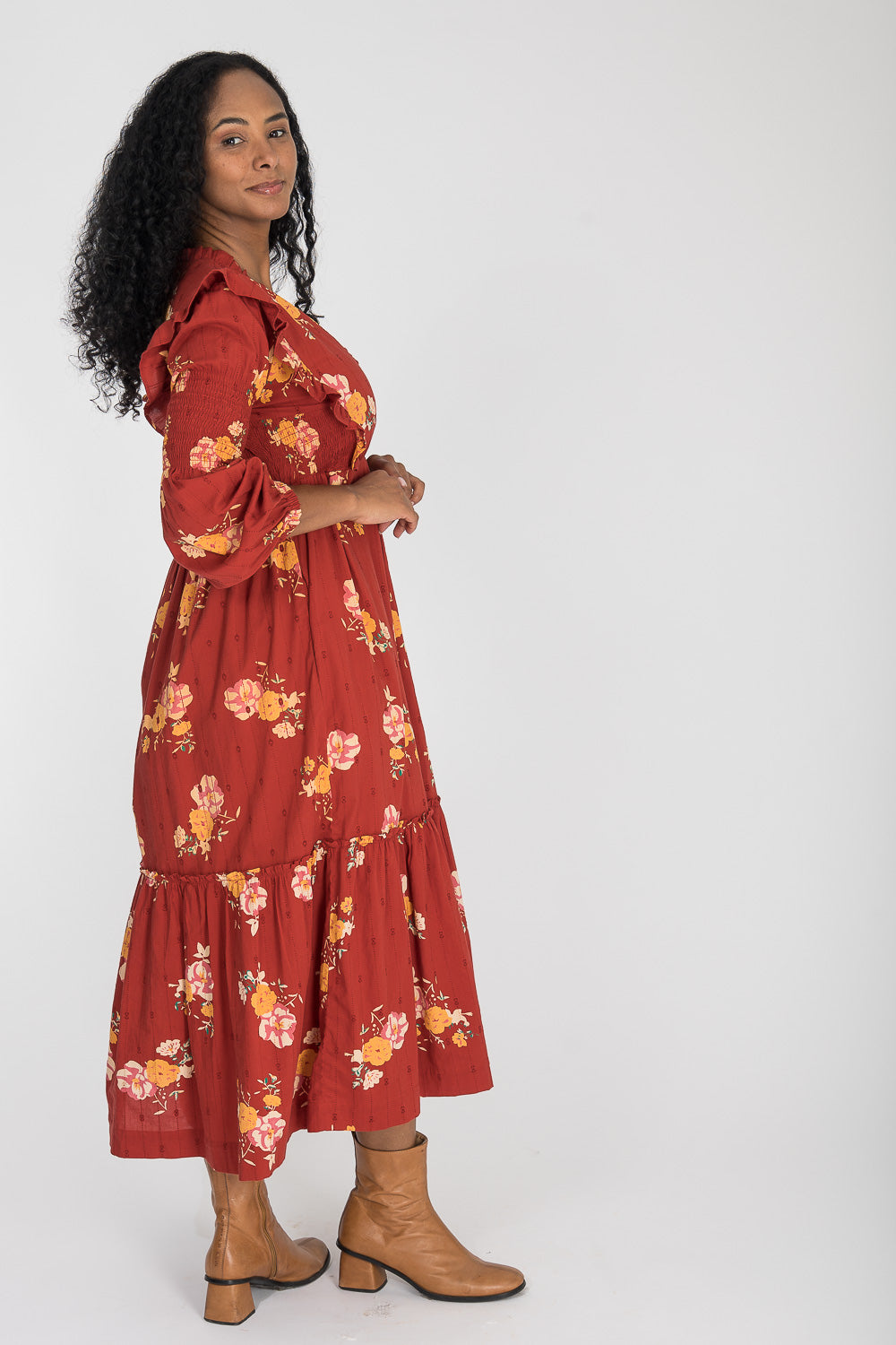 Flounce dobby midi dress - Red Flower