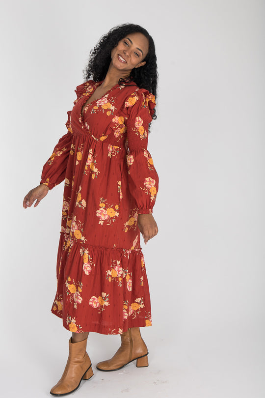 Flounce dobby midi dress - Red Flower