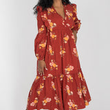 Flounce dobby midi dress - Red Flower