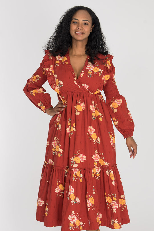 Flounce dobby midi dress - Red Flower