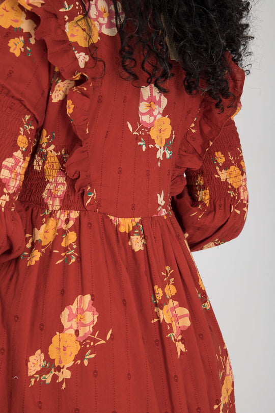 Flounce dobby midi dress - Red Flower