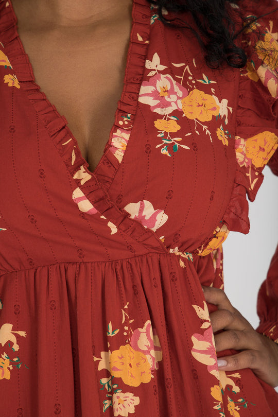 Flounce dobby midi dress - Red Flower