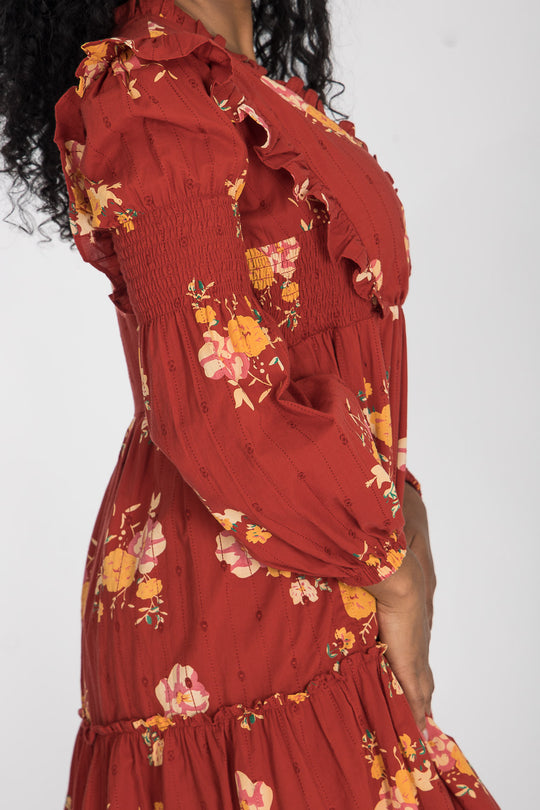 Flounce dobby short dress - Red Flower