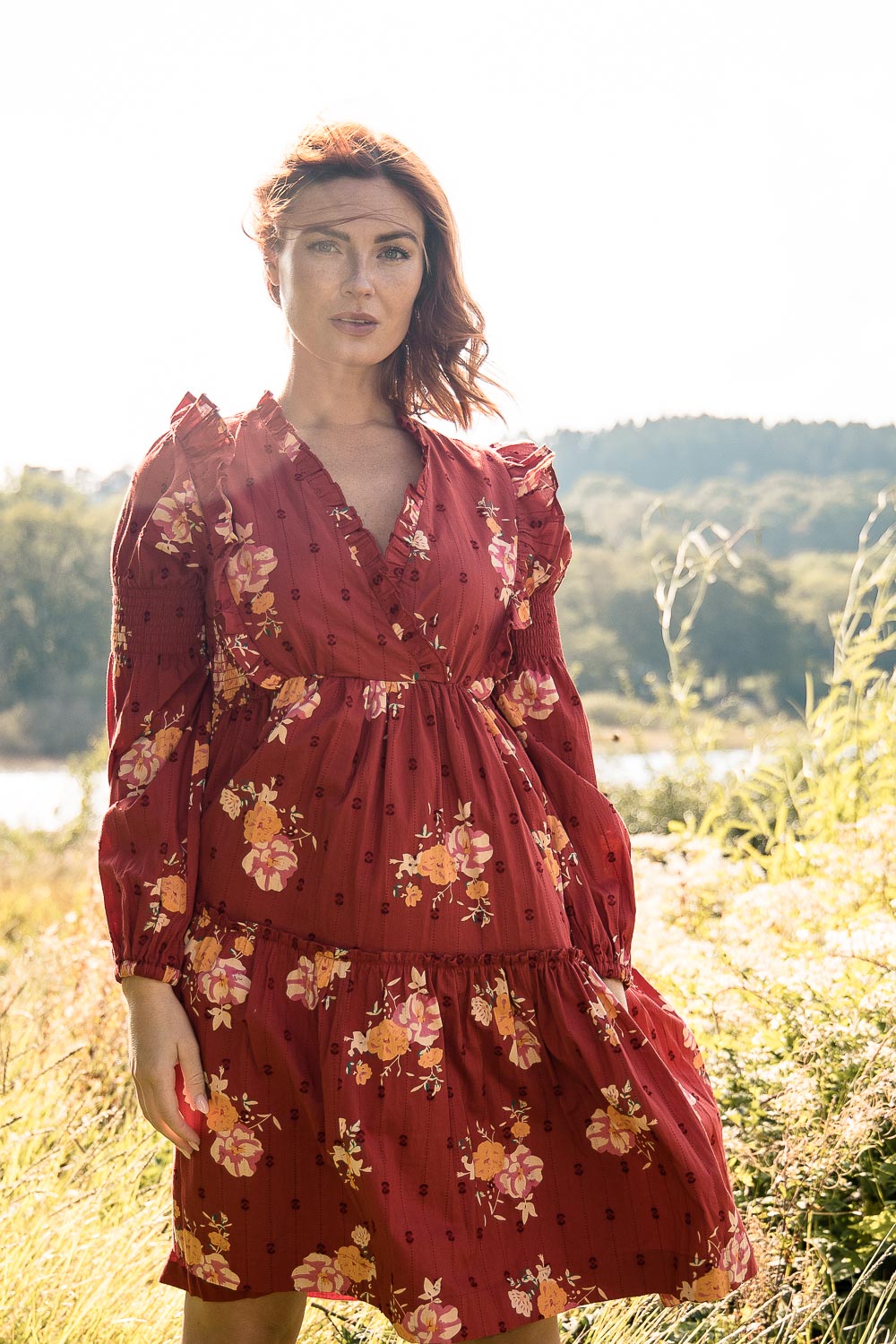 Flounce dobby short dress - Red Flower
