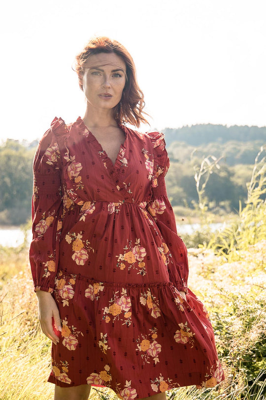 Flounce dobby short dress - Red Flower