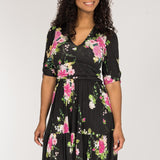 Flowy short jersey dress - Black Flower