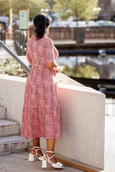 Forever mine collar midi jersey dress - Pink - Rosamönstrad, vadlång klänning med krage