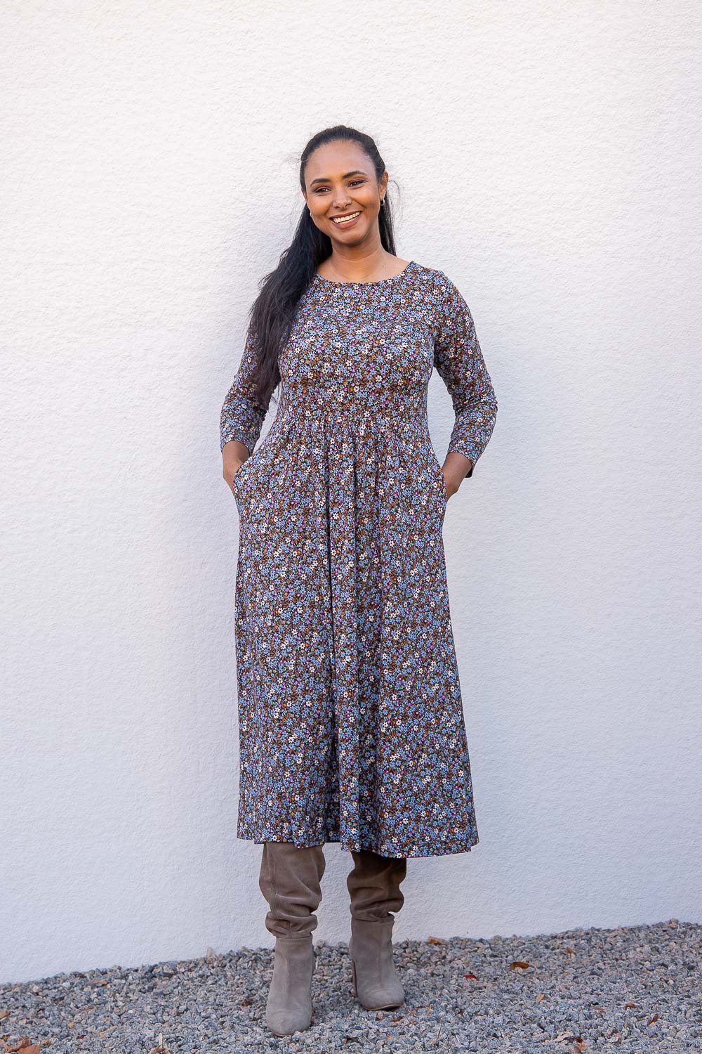 Ideal midi jersey dress - Brown flowers
