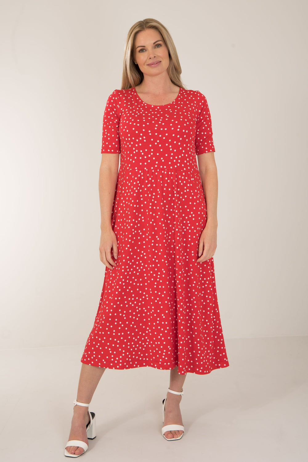 Ideal printed midi jersey dress - Red dot - Vadlång, prickig klänning i trikå