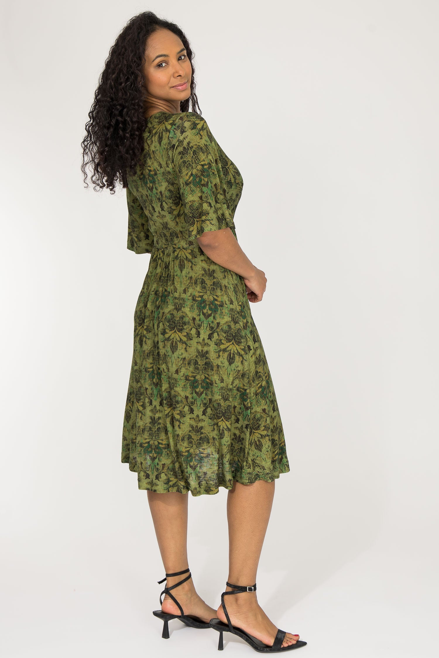 draped short sleeve midi dress Draped Short Sleeve Dress