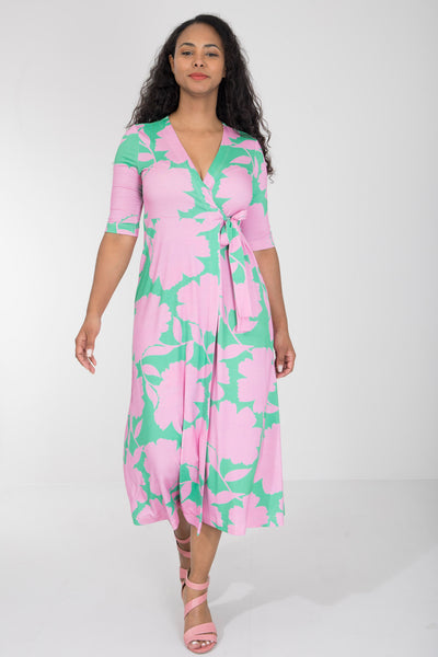 Loose fit printed midi wrap jersey dress - Green - Vadlång, mönstrad omlottklänning i trikå