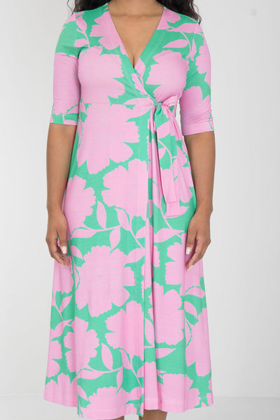 Loose fit printed midi wrap jersey dress - Green - Vadlång, mönstrad omlottklänning i trikå