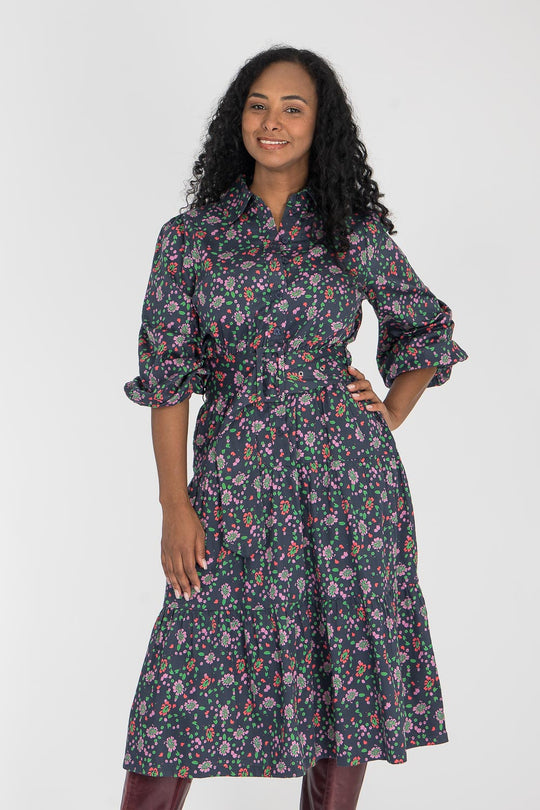 Cotton shirt midi dress - Navy flowers