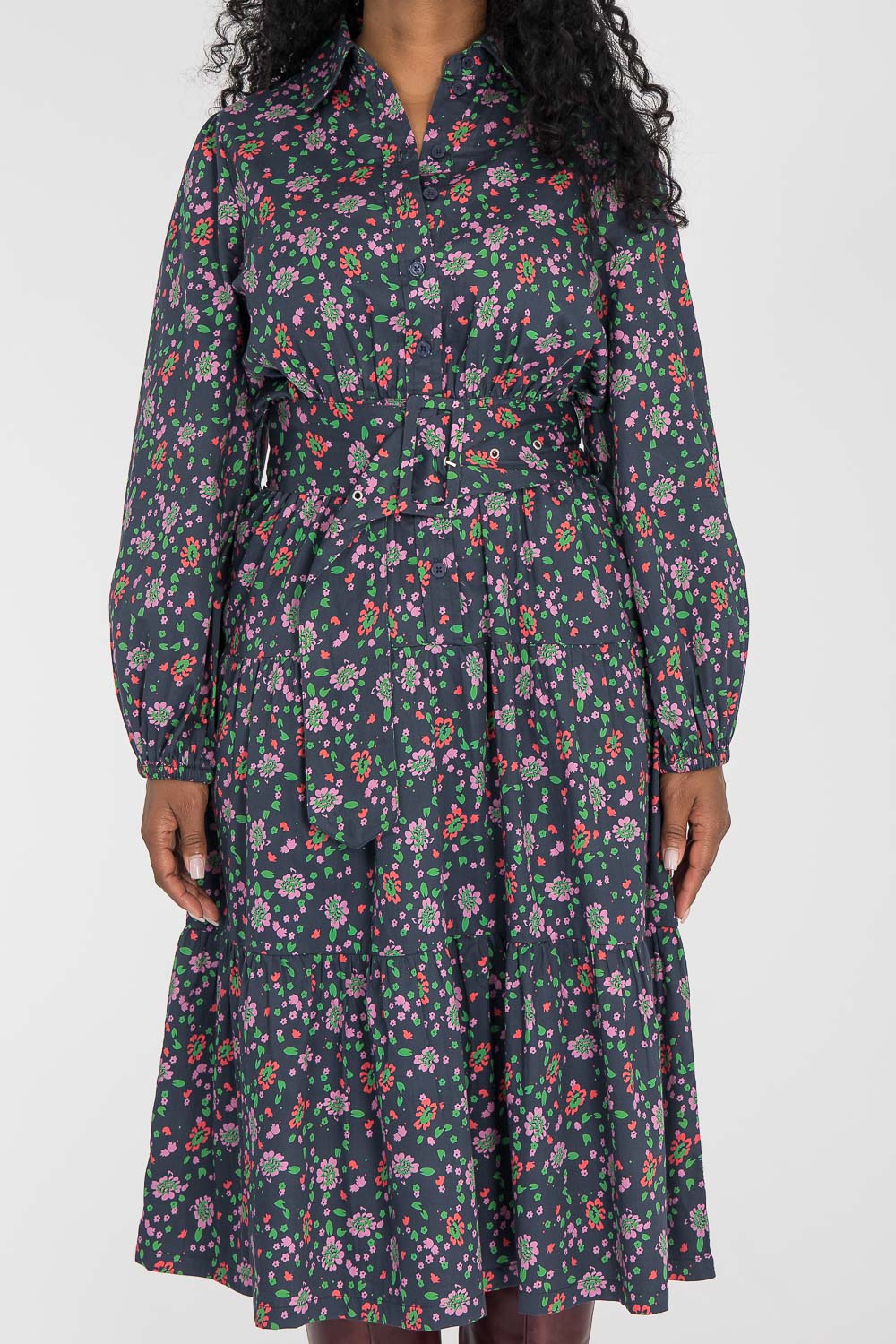 Cotton shirt midi dress - Navy flowers