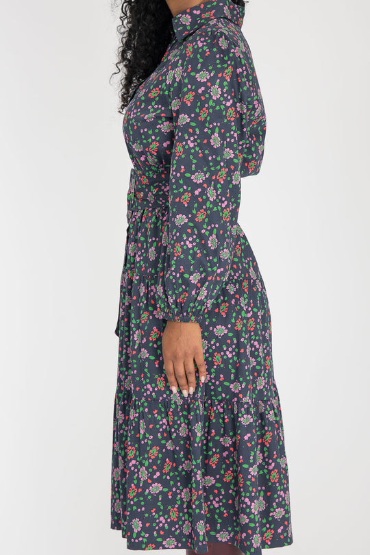 Cotton shirt midi dress - Navy flowers