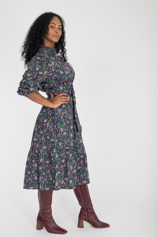 Cotton shirt midi dress - Navy flowers