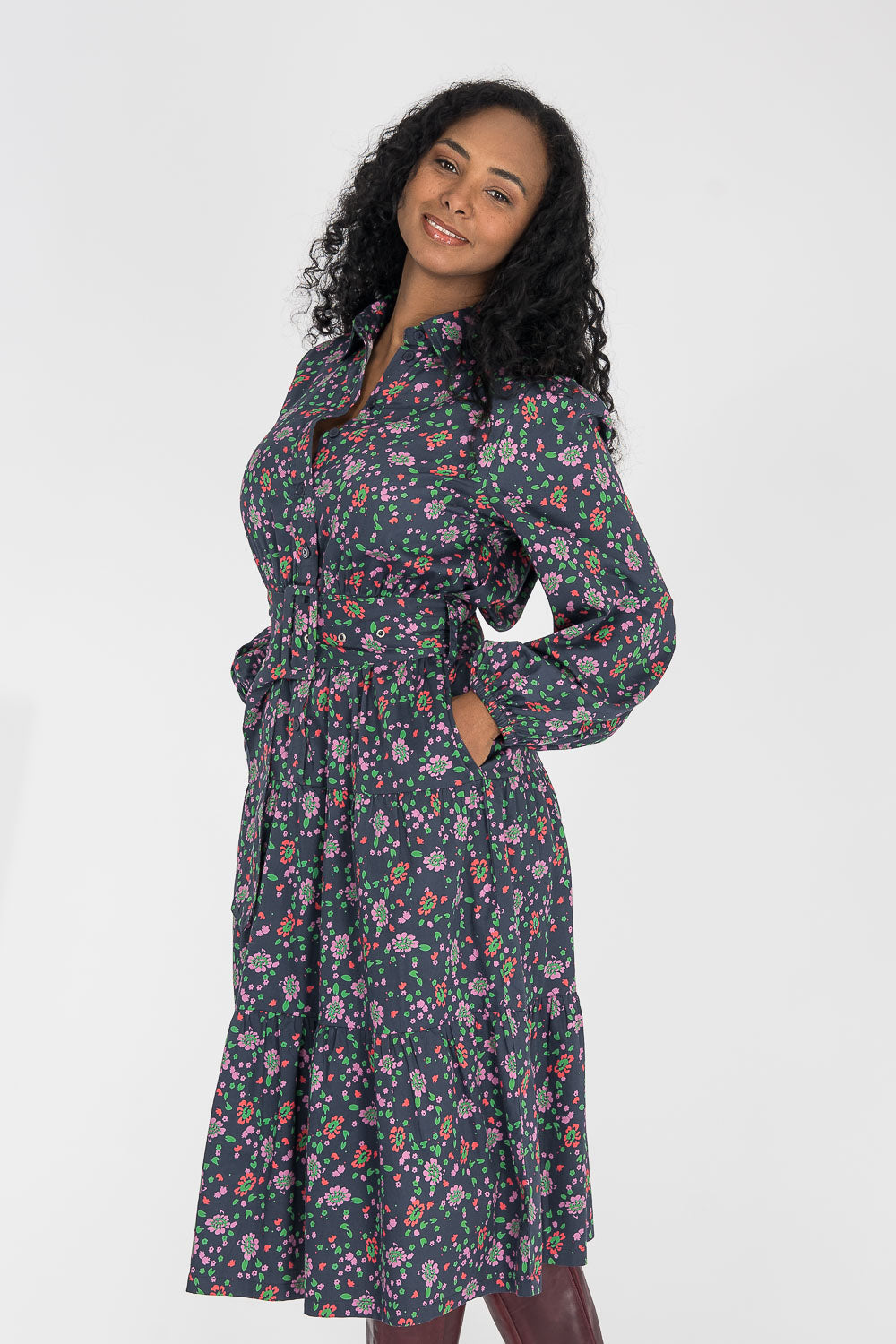 Cotton shirt midi dress - Navy flowers