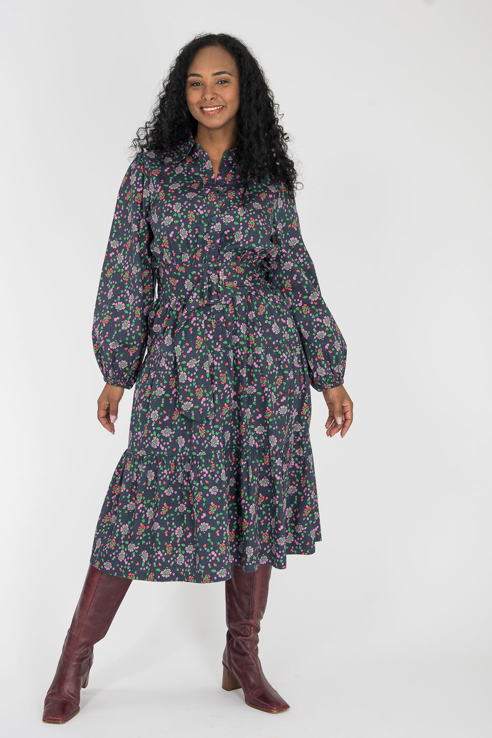 Cotton shirt midi dress - Navy flowers