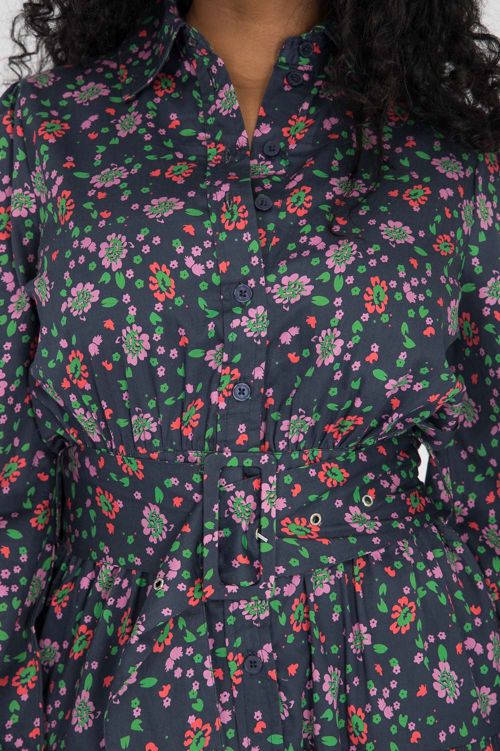 Cotton shirt midi dress - Navy flowers
