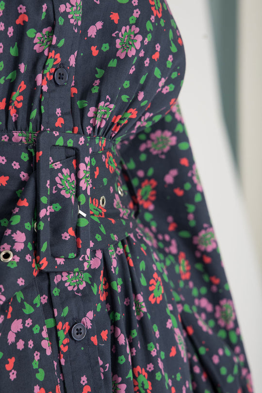 Cotton shirt midi dress - Navy flowers