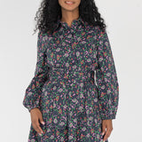 Cotton shirt short dress - Navy flowers