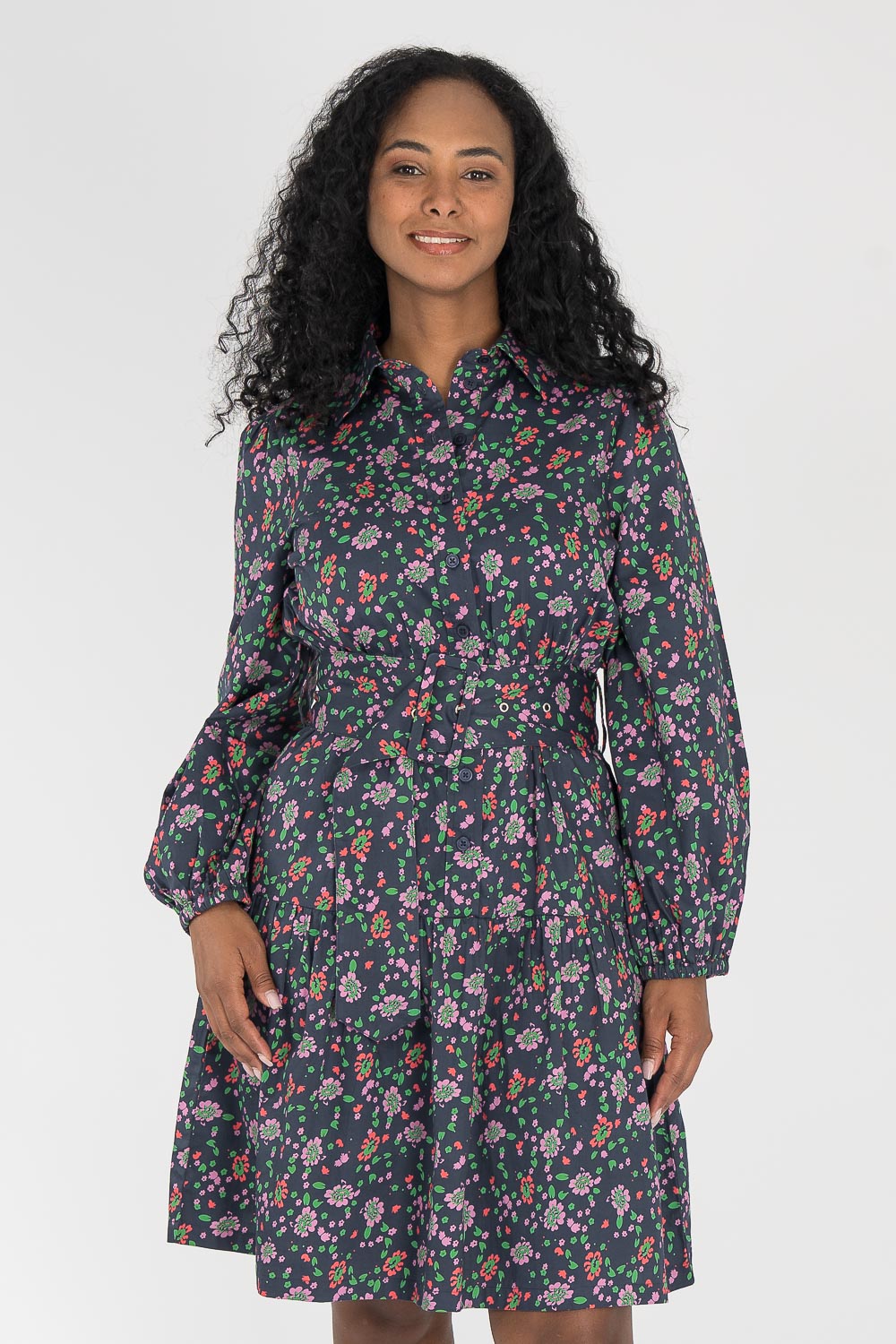 Cotton shirt short dress - Navy flowers