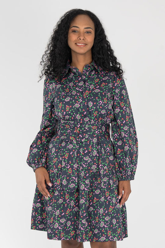 Cotton shirt short dress - Navy flowers