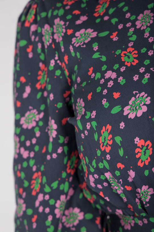 Cotton shirt short dress - Navy flowers