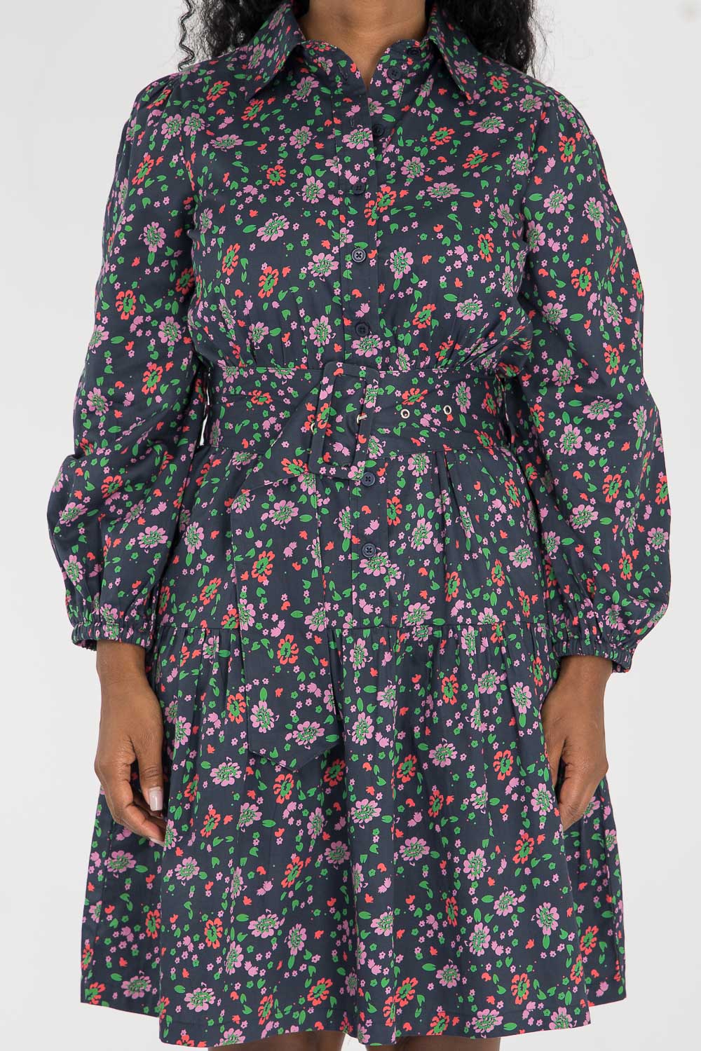 Cotton shirt short dress - Navy flowers