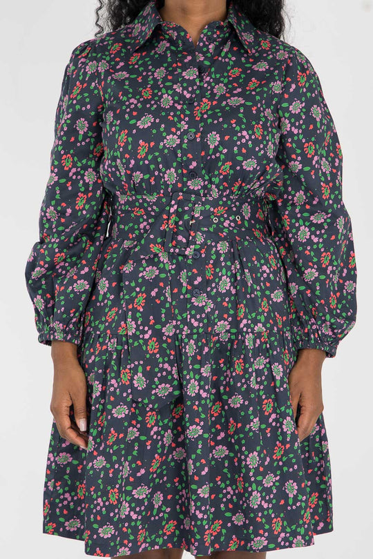 Cotton shirt short dress - Navy flowers