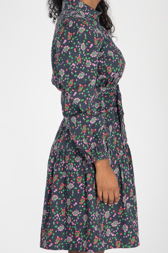 Cotton shirt short dress - Navy flowers