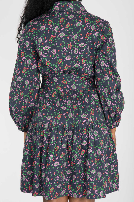 Cotton shirt short dress - Navy flowers