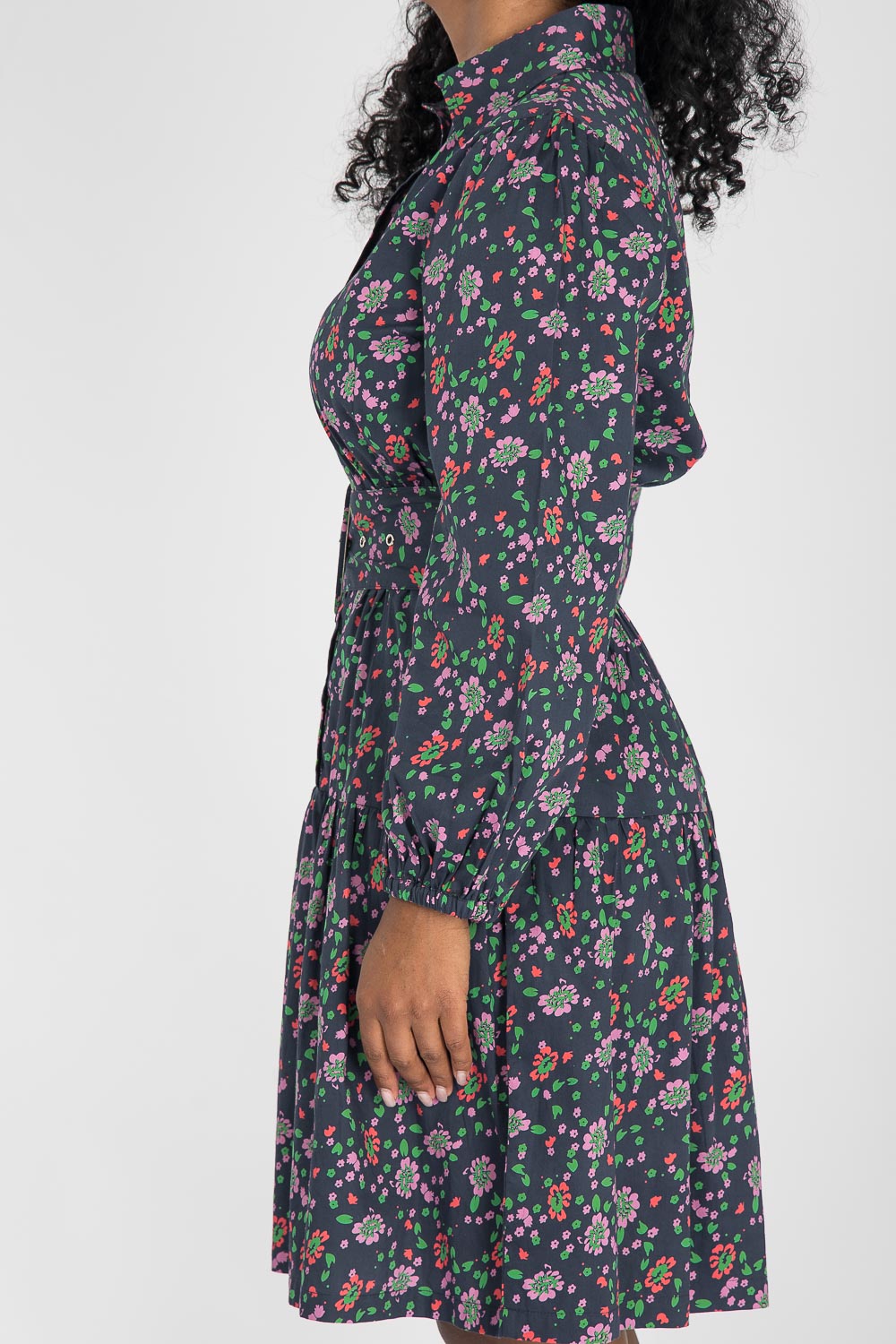 Cotton shirt short dress - Navy flowers