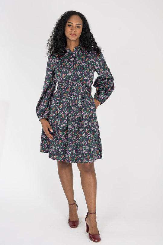 Cotton shirt short dress - Navy flowers