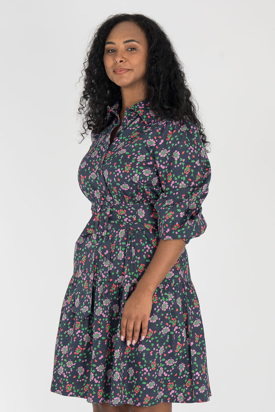 Cotton shirt short dress - Navy flowers