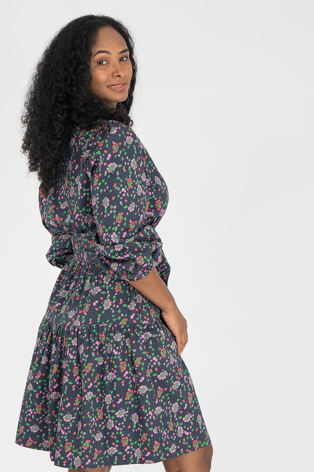 Cotton shirt short dress - Navy flowers