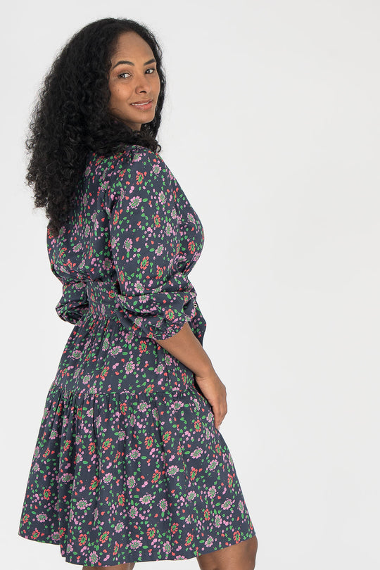 Cotton shirt short dress - Navy flowers