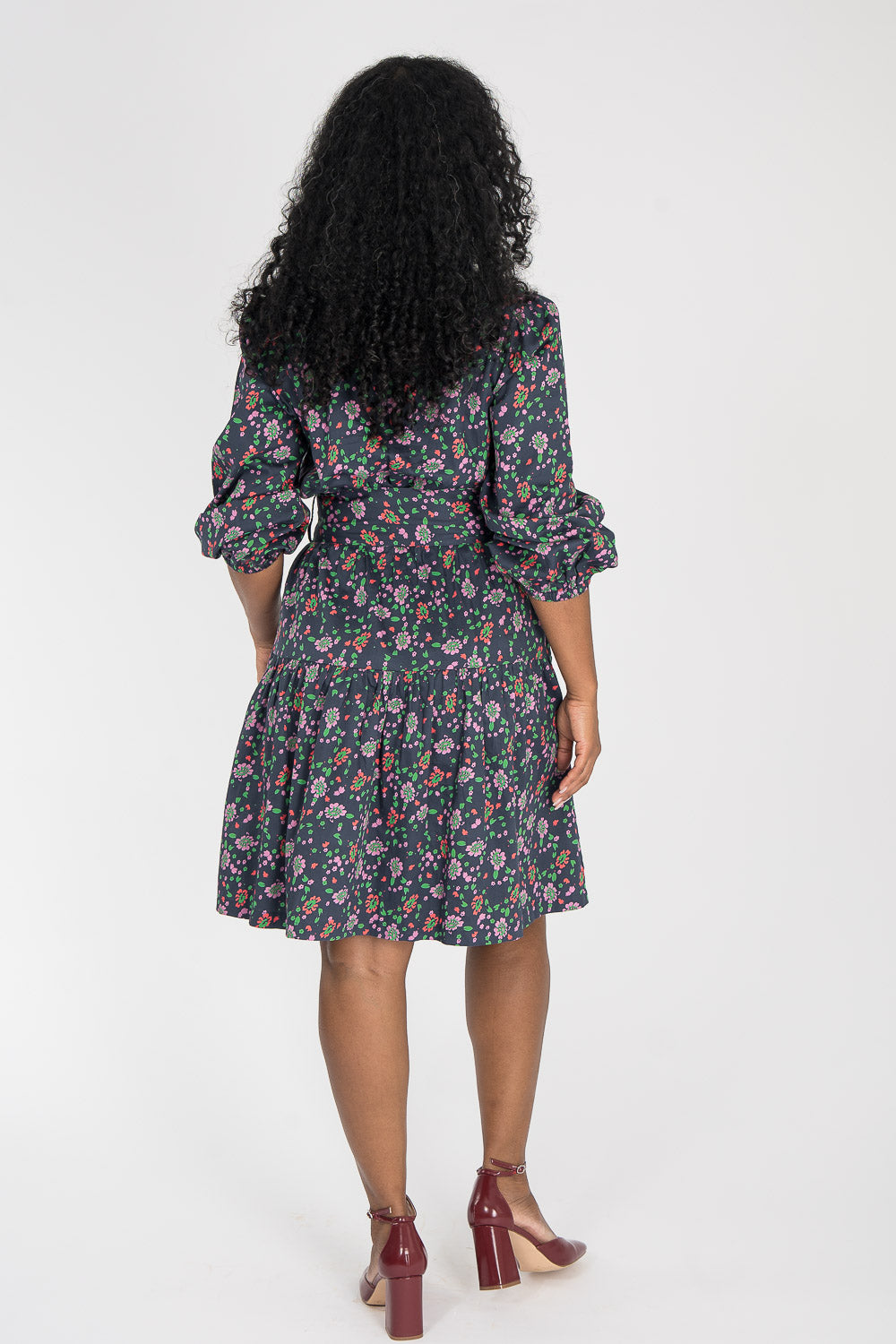 Cotton shirt short dress - Navy flowers