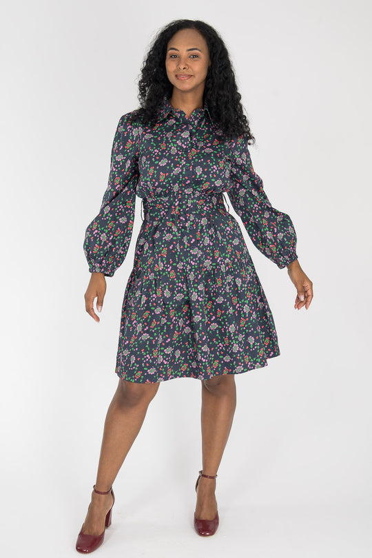Cotton shirt short dress - Navy flowers