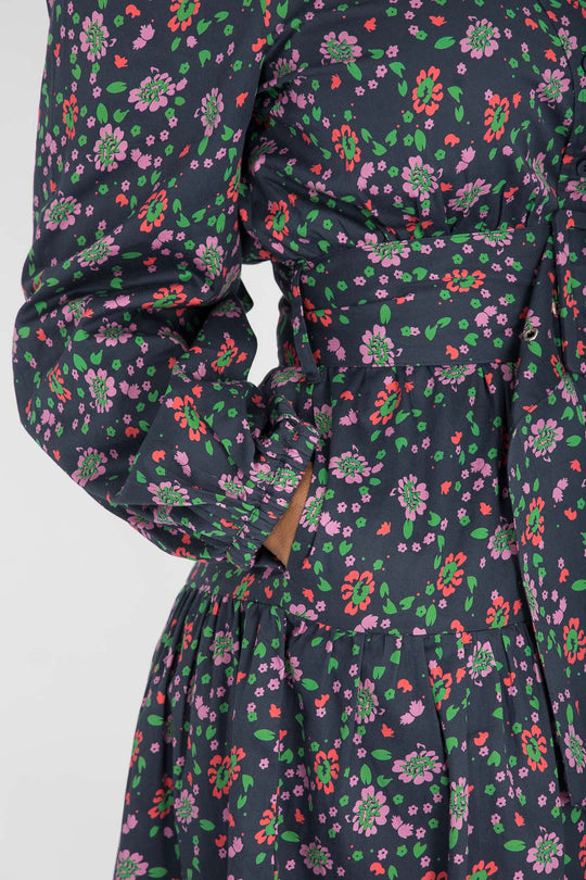 Cotton shirt short dress - Navy flowers