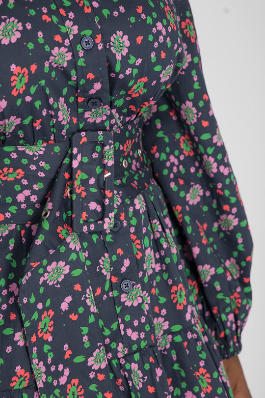 Cotton shirt short dress - Navy flowers