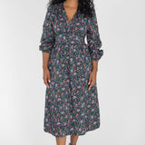 Cotton V-neck midi dress - Navy flowers