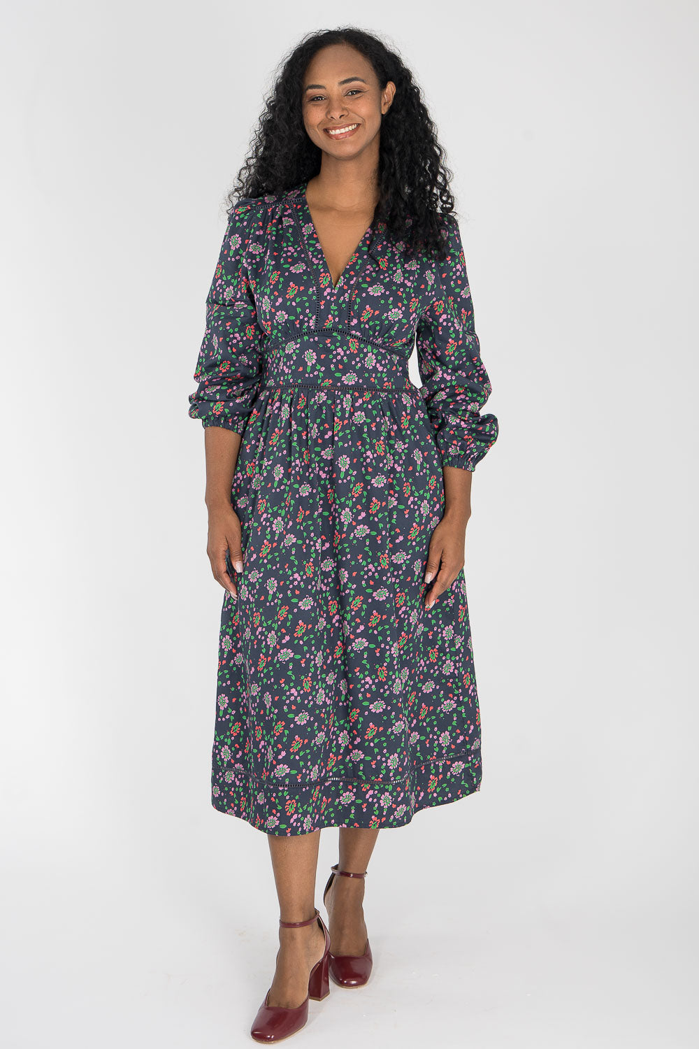 Cotton V-neck midi dress - Navy flowers
