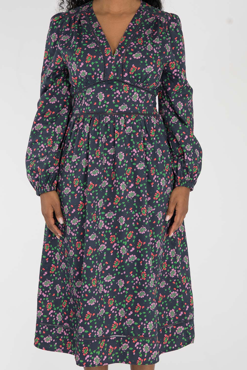 Cotton V-neck midi dress - Navy flowers