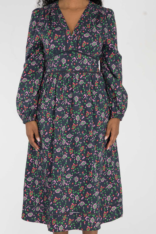 Cotton V-neck midi dress - Navy flowers